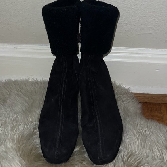 PRADA Black Wedge Heeled Booties with Faux Fur - Picture 2 of 3